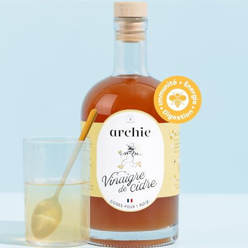 Archie, Vinaigre de cidre au Miel Biologique - Immunité, Coup de boost, Énergie durable, Vitalité. Améliore le microbiote. Made in France. Cure de 1 mois.