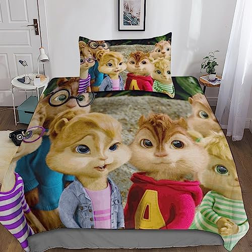 BARDYS Alvin and The Chipmunks Bettwäsche Set Mit Reißverschluss,Moderne 3D Bettbezüge Bedruckte Für Mädchen Jungen Kinderbett Bettbezug Set Microfaser 3 Teilig Mit Kissenbezug Single(135x200cm)