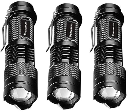 POCKETMAN Taschenlampe Mini Q5 LED Taschenlampe 7W 300 Lumen Verstellbarer Fokus Zoom Männergeschenk (3er Pack) (schwarz)