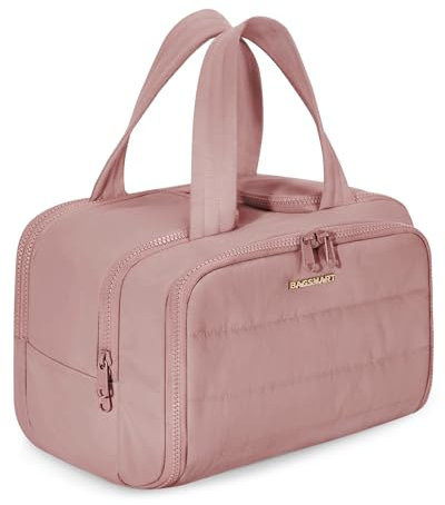 BAGSMART Toiletry Bag Large Travel Makeup Organiser, 2 Full Open Upright Compartments, Cosmetic Wash Bag with Wet & Brushes Pocket, Essentials Accessories for Women, Dark Pink