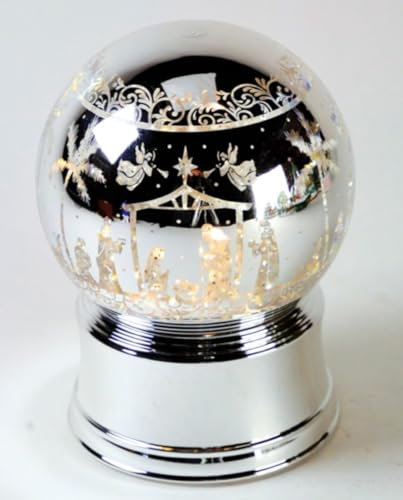 Musicboxworld MMM GmbH, 64004 Spieluhr - Blaue Glitzerkugel mit silberner Base und Einer Krippenszene“
