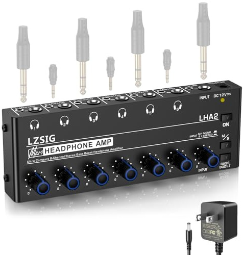 LZSIG Headphone Amplifier Metal Stereo Audio Amplifier,Mini Earphone Splitter with Power Adapter,1/4 & 1/8 TRS Headphones Output and TRS Audio Input for Sound Mixer (Medium(6-channel))