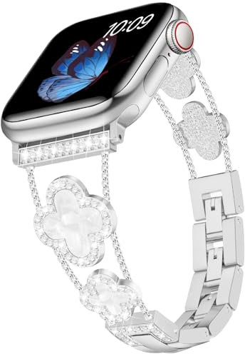 Tasikar Bling Diamond Women Straps Compatible with Apple Watch Band 49mm 46mm 45mm 44mm 42mm 41mm 40mm 38mm Ultra SE Series 10 9 8 7 6 5 4 3 2 1 Lucky Clover Dressy Replacement Bracelet (Silver)