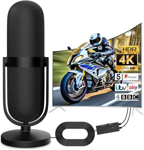 Antena de TV, TV digital, antena de habitación para televisión, antena de habitación, antena con amplificador, recepción de 360°, con base magnética, cable de 5 m, compatible con canales 4K HD para