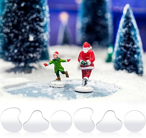 Sieral 6 Stück Weihnachtsspiegel See Landschaftsbau Zubehör Miniatur 10,2 cm Weihnachtsdorf Teich Gebogene Mini Eislaufbahn Figuren Dekoration für Urlaub Weihnachtsdorf