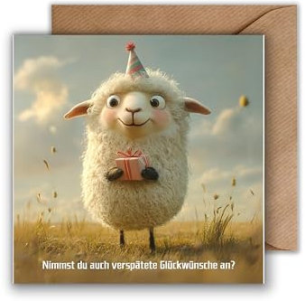 WBdesignz Geburtstag Karte mit Umschlag - Geburtstagskarte mit Spruch süßer Schaf mit Geburtstagsgeschenk Nachträglich Glückwunsch Verspätet Alles Gute Happy Birthday (125 x 125 mm)
