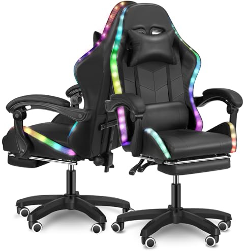 Silla LED para videojuegos, silla de ordenador con reposapiés y cojín lumbar, silla ergonómica con reposacabezas ajustable, silla de oficina para juegos, soporta hasta 180 kg (solo sillas para juegos,
