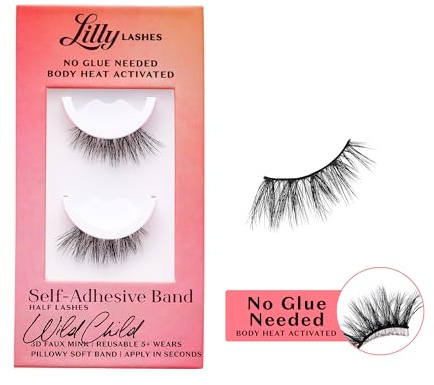 Lilly Lashes Self Adhesive Eyelashes (Half Lashes), No Eyelash Glue Required, Body Heat Activated, Press On Eyelashes, Reusable Up to 5 Times, Easy to Apply and Remove (WildChild)