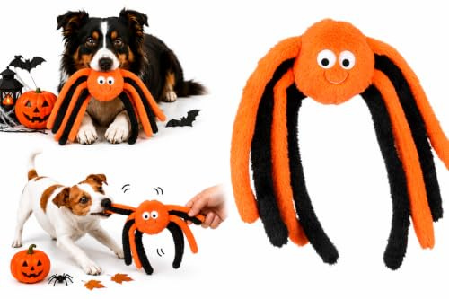Flamingo Hundespielzeug - Halloween Callie Spinne Orange - Weiches Plüsch - Mit Quietscher und Knistergeräusch - 29 x 8,5 x 36 cm