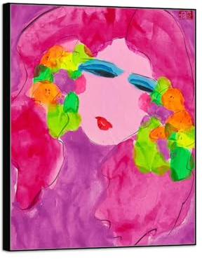 MUHJDYC Walasse Ting Leinwand Bilder-Berühmte Leinwanddrucke Reproduktion-Schwarzer Rahmen Gemälde für Wohnzimmer Schlafzimmer(junge Dame) 70x90cm-27x35in