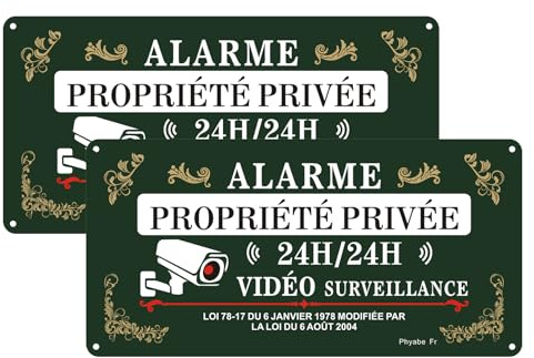 Phyabe Panneau Vidéo Surveillance 24h/24 Propriété Privée Aluminium | 2 Pièces, 30 x 15cm, Alarme Pour Sécurité Maison/Entreprise, Facile à installer, Résistant aux UV, Imperméable, Inaltérable