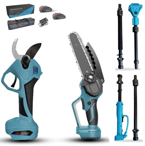 4 In 1 Electric Pruning Shears and Chainsaw, Cordless Pruning Shears, Digital Display, 6 in Mini Chainsaw with 2X 3.0mah Battery and Extension Pole, Electric Pruner Kit for Hedge, Bush
