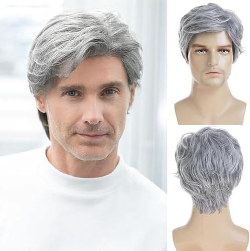 Qnbiar Herren Hellgraue Kurze Perücke Synthetisch | Hitzebeständig, Natürlich, Halloween, Cosplay