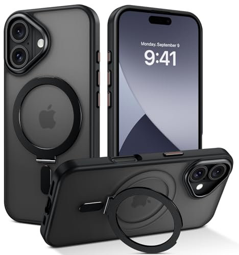 BENTOBEN Magnetic Case for iPhone 16 with Stand [Compatible with MagSafe], Invisible Ring Stand Translucent Matte Anti-yellow Military Grade Protection Shockproof Cover for iPhone 16, Black