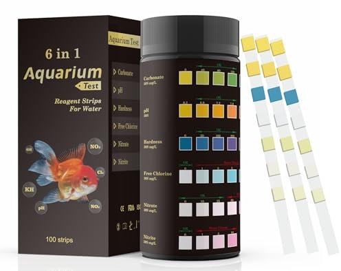 Fontee 6 in 1 Aquarium Teststreifen, 100 Stück, Aquarium Test Set für Süßwasser, Fischteich, Genaue Prüfung der Karbonat, pH, Härte, CL2, Nitrat, Nitrit