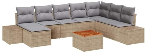 vidaXL 9-teiliges Garten-Sofa-Set mit Kissen in Beige, aus Poly Rattan und Akazie – Wetterfeste modulare Sitzmöbel für Terrasse und Patio.