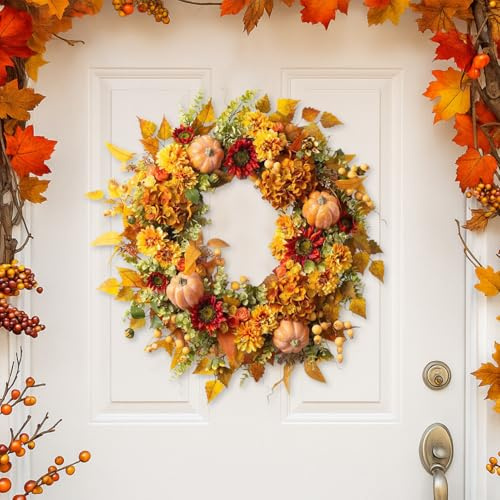 Türkranz Herbstdeko, 45cm Türkranz Herbst Dekoration Modern Innen und Außen, Herbst Deko Herbstkranz mit Kürbis Beere, Hängende Herbstdeko Innen Herbstgirlande für Haustür Wand Fenster Party Deko (A)