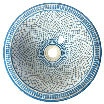 Lavabo Marocain en céramique peint à la main, 35 cm de diamètre x 14 cm de hauteur, motif géométrique blanc et noir