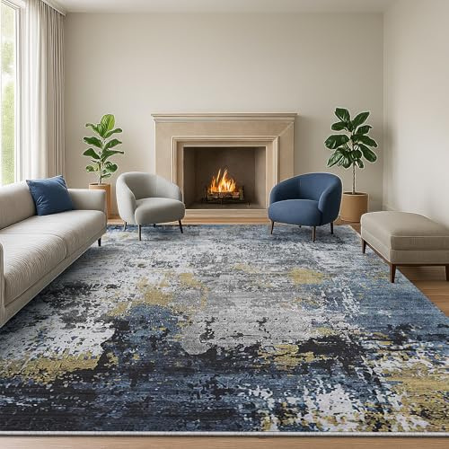 SOANNY Teppich Wohnzimmer, Kurzflor rutschfest, 160x230 cm, Marineblau-Gold | Modern Abstrakt, Weich, Waschbar, Pflegeleicht, Rutschfest, Für Wohnzimmer Schlafzimmer Kinderzimmer Esszimmer Büro