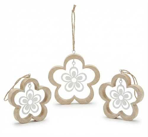 khevga Blumen Deko Hänger 3er Set – MDF & Metall Deko-Anhänger mattweiß mit Sisalschnur | Wand- & Deckendeko zum Aufhängen, Ø 8 cm & 10 cm, Landhausstil