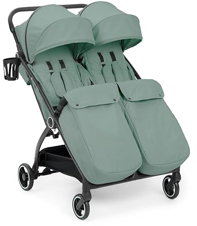 Ickle Bubba Aries Double Max Auto-Fold Kinderwagen (Sage Green) – Schlank und leicht, 10,5 kg Doppel-Kinderwagen, einhändig zusammenklappbar, verstellbare Sitze, belüftete Sonnenblenden, Regenschutz