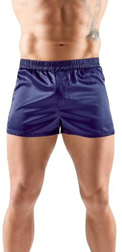 Herren Satin-Pants mit Eingriff vorne, dunkelblau – sexy Unterwäsche für Mann, Herren Dessous, glänzende Satin-Boxershorts/Shorts, legerer Schnitt, leicht elastisch, Komfortbund, Größen M–XL Glanzlook