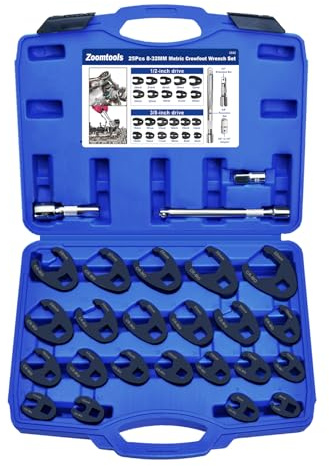 Zoomtools Juego de llaves de cabeza de gallo, 25 piezas, 8-32 mm, llave inglesa, 3/8 1/2, métrica, con adaptador y barras de extensión, juego de llaves de par