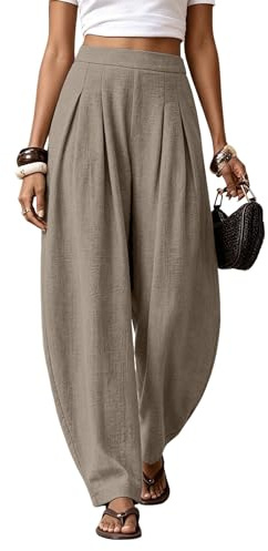 ziubauyke Womens Barrel Leg Trousers Cotton Linen Balloon Trousers Summer High Waisted Harem Trouser Ladies Wide Leg Palazzo Trouser Loose Fit Boho Baggy Lounge Pant with Pockets