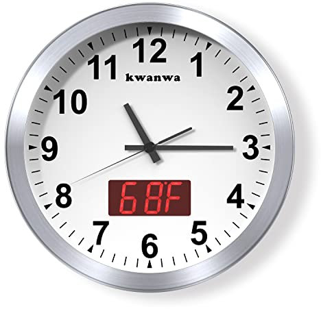 KWANWA Moderne Wanduhr ohne Tickgeräusche • Digitale LED-Anzeige • Kalender & Temperatur • Batteriebetrieb • 30,5cm • 12h Format,Perfekt für Küche, Schlafzimmer & Büro