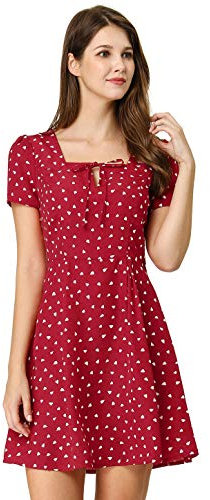 Allegra K Ladies' Summer Print Dresses Tie Neck Casual Short Sleeve Knee Length Swing Dress, Red, L (UK 16)