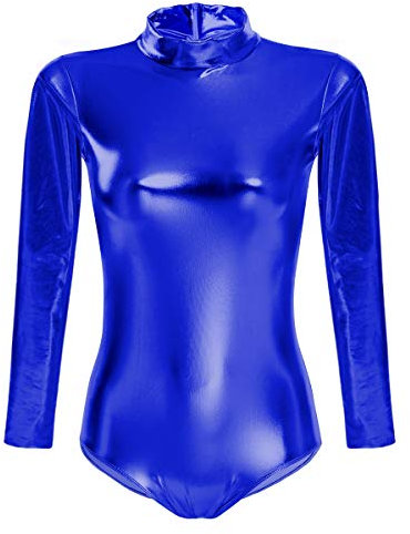 Damen Glänzende Ballettanzug Ballettbody Sport Tanz Body Gymnastikanzug Trikot Langarm Bodysuit Metallic Wetlook Einteiler Turnanzug Leotards Overall Lack Leder Oberteile Top Kostüm Königsblau 3XL