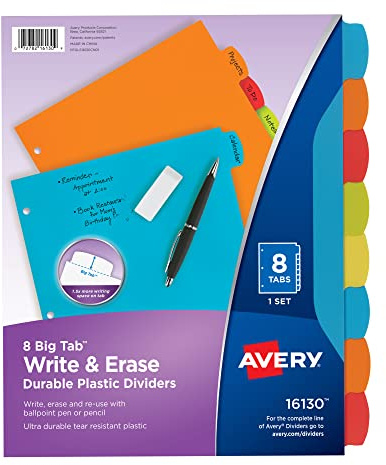 Avery Big Tab Write & Erase Durable Plastic Dividers for 3 Ring Binders, 8-Tab Sets, Bright Multicolor, 24 Sets, 192 Divider Tabs (16130)