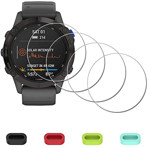 iDaPro Displayschutz Schutzfolie für Garmin fenix 6/6 Pro Multisport GPS watch + 4-teiliger Ladeanschlussschutz 9H Härte Glas Displayschutzfolie Einfache Installation [4 Stück]