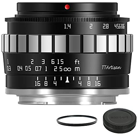 TTArtisan Lente de enfoque manual F1.4 APS-C de 23 mm para Panasonic/Olympus MFT M4/3 Mount epm1 emp2 E-PL1 E-PL2 E-PL3 E-PL5 E-PL6 G2 G3 G5 G6 G7 G9 GH1 GH2 GH3 GH4 GH5 GH5S Negro y plata