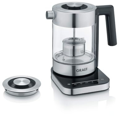 GRAEF Glaswasserkocher WK350 - Wasserkocher 1 Liter, Hochwertiges Design, SCHOTT DURAN Glas, Edelstahl, Temperatureinstellung, Teesieb, LED-Beleuchtung, 360° Basis, Warmhaltefunktion, 2200 Watt