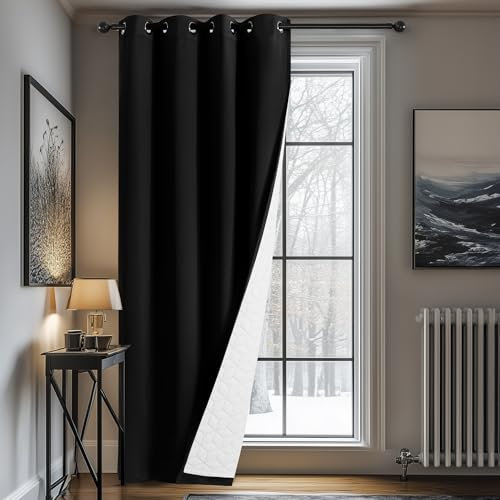 Deconovo Gardine Verdunklungsvorhang Vorhänge Wärmeisolierend Dicke Vorhang mit Ösen Thermo gegen Kälte Tür Kälteschutz Lärmschutz Raumtrenner, 260x140(HöhexBreite), Schwarz, 1 Stück