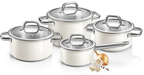 Tescoma 780110 Set Pentole Acciaio Inox con Coperchio, smaltate color avorio, set 8 pezzi, linea Delight