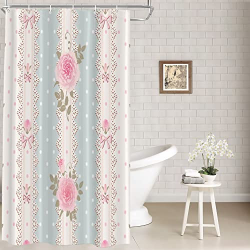 Batmerry Tenda da doccia shabby chic con rose, vintage a righe floreali a pois, con lacci, decorazione per bagno, in fibra di poliestere, anelli in plastica, ad asciugatura rapida, impermeabile, per
