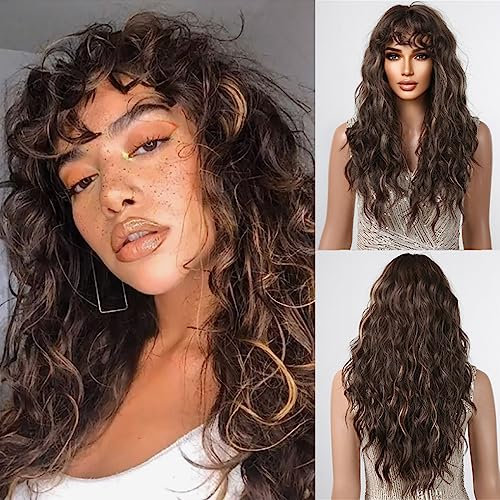 Allbell Lange Lockige Braune Perücken mit Pony Braune Perücken mit Blonde Highlights Lockige Welle Synthetische Perücken für Frauen Vintage Frisur