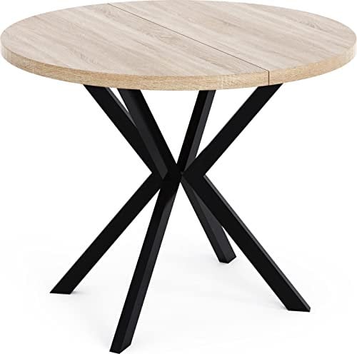WFL GROUP Runder Ausziehbarer Esstisch - Loft Style Tisch mit Metallbeinen - 120 bis 200 cm - Industrieller Tisch für Wohnzimmer - Spacesaver - Sonoma Eiche - 120 cm