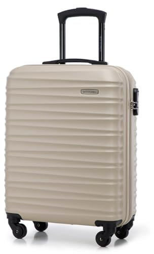 WITTCHEN Reisekoffer Handgepäck Kabinengepäck Rollkoffer Kabinenkoffer Kleiner Koffer Trolley Hartschale aus ABS 4 Spinner-Rollen Zahlenschloss Groove Line Größe S beige Lufthansa/Eurowings/Ryanair
