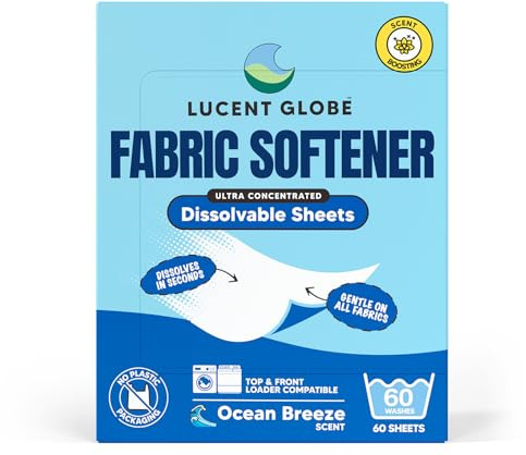 Lucent Globe Fabric Softener Sheets Eco-Friendly Ultra Concentrated Fabric Softener Biodegradable Plastic-Free Packaging Plant-Based + Enzymes (60 Washes) (Ocean Breeze)