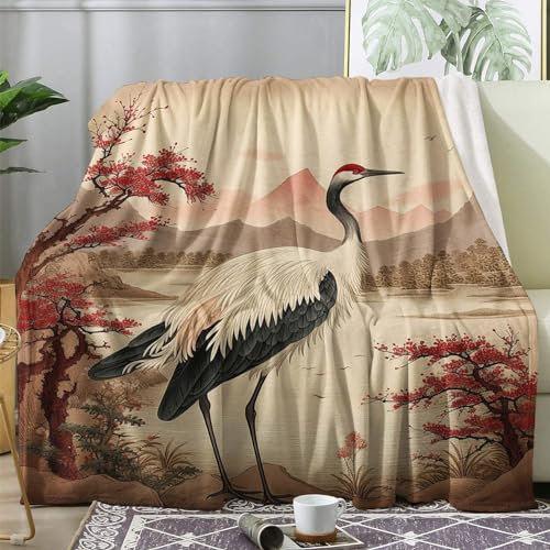 Kuscheldecke Flauschig Kranich, Decke Wolldecke 150x200 Japanische Orientalisch, Flanell Sofadecke Blanket XL, Fleecedecke Wohndecke Schlafdecke Winter Warm Weich, Deko Decken für Couch Bed