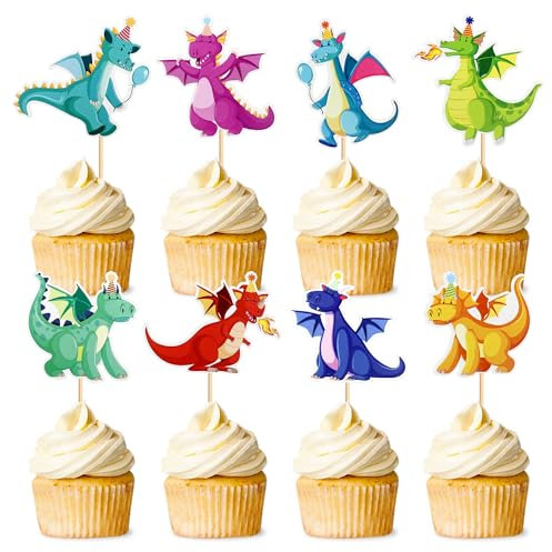24 Stück Drache Thema Cupcake Topper Mythische Geschichten Tortendekoration Picks Realistische Kuchenaufsatz Tortendeko Junge Hochzeit Geburtstag Event Party Tiere Thema Party Dekoration Versorgung