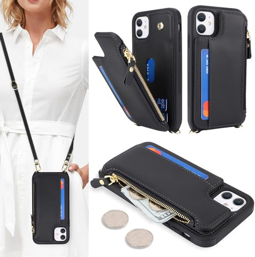 SailorTech Coque pour iPhone 11 Étui avec Porte-Cartes de crédit, Etui pour iPhone 11 Housse avec Courroie de Cou Portefeuille avec Fentes pour Cartes de crédit-Noir