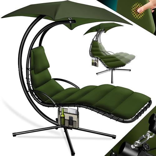 KESSER® Tumbona Flotante con Sombrilla | Hamaca Colgante Solar H200, L194, A100 cm | Reclinable Capacidad hasta 120 kg | Tumbona de Balanceo con Cojines y Almohada, Caqui