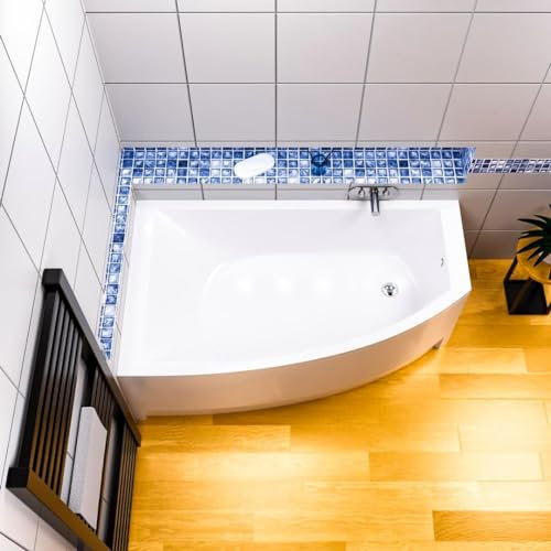 ECOLAM Baignoire d'angle Hela 150x90 cm gauche | tablier en acrylique | Vidange automatique + Pieds silicone set complet