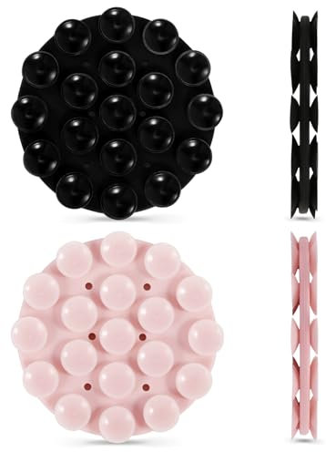 PEUTIER 2pcs Double-sided Phone Suction Mount Pad Grip, 2.76x0.33 Inch Round Silicone Suction Cup Phone Holder Suction Sticky Phone Case Adhesive for Mobile Phones Mobile Power (Black+Pink)
