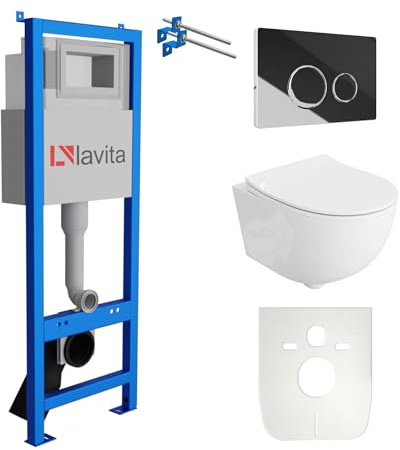 Lavita LAV 101 Vorwandelement für WC 40cm + Wand Hänge Tiefspül WC BRAVA Weiß Spülrandlos + Bedienplatte LAV 200.4.2 Verchromt | Komplettset | Unterputz Spülkasten | Toilette Komplett Sett