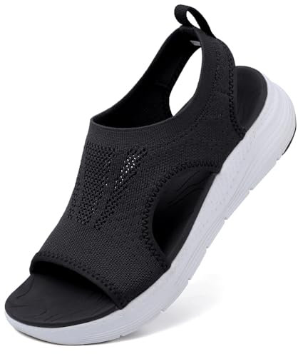 VTASQ Sandales Orthopédiques Mode Femme - Été Bout Ouvert Plage Leger Confortable Respirante Tricot Sport De Marche - Noir Blanc EU 37